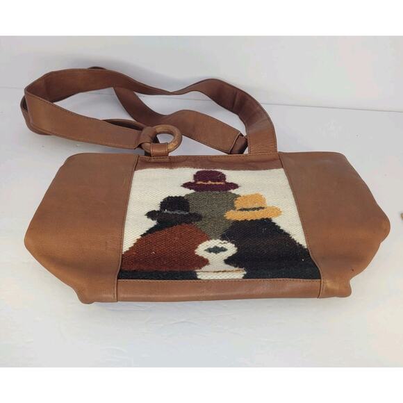 American Angel Colombian Leather Tote Bag Handwoven Tapestry Art Boho Southwest - Picture 6 of 15